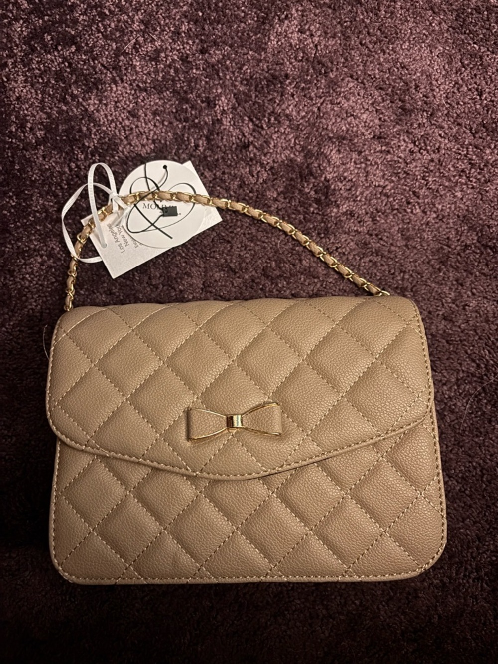 Quilted Taupe Crossbody with Bow and Chain Strap. Mini matching bag.